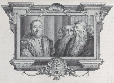Trzech brodatych mężczyzn, jeden w futrze, 1756. Twórcy: Bartolomeo Crivellari, Gabriel Söderling. autorstwa Bartolomeo Crivellari, Gabriel Söderling
