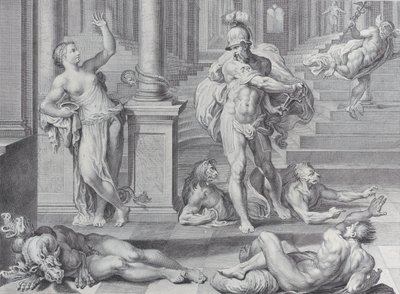 Płyta 10: Ulisses zmusza Kirke do przywrócenia ludzkich kształtów jego towarzyszom, które miała ..., 1756 autorstwa Bartolomeo Crivellari
