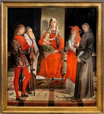 Tronująca Madonna z Dzieciątkiem Jezus wśród świętych Ansanus, Antoniego Wielkiego, Hieronima i Franciszka autorstwa Bartolomeo Montagna