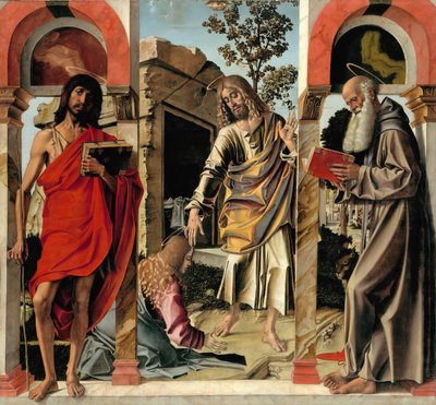 Zmartwychwstały Chrystus z Marią Magdaleną i świętymi Janem Chrzcicielem i Hieronimem, ok. godz. 1492 autorstwa Bartolomeo Montagna