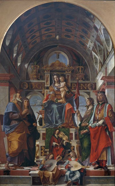 Dziewica z Dzieciątkiem na tronie ze świętymi i aniołami grającymi muzykę, 1499. autorstwa Bartolomeo Montagna