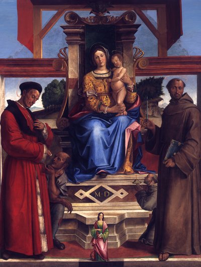 Tronująca Maryja z Dzieciątkiem, świętymi Homobonusem, Franciszkiem z Asyżu, Katarzyną z Aleksandrii oraz fundatorem Bernadino da Feltre (zm. 1494) autorstwa Bartolomeo Montagna