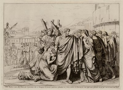 Atilius Regulus przygotowujący się do opuszczenia Rzymu i powrotu do niewoli w Kartaginie (akwaforta) autorstwa Bartolomeo Pinelli
