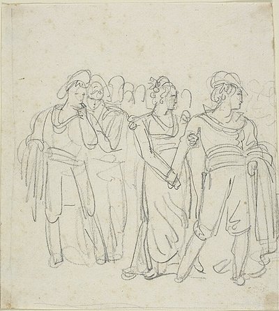 Wódz bandytów powstrzymywany przez kobietę (recto); Szkic dwóch postaci w pejzażu (verso) autorstwa Bartolomeo Pinelli