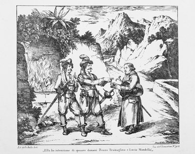 Don Abbondio spotyka dwa Bravi, litografię Bartolomeo Pinelli (1781-1835) do Narzeczonego Alessandro Manzoniego (1785-1873), Włochy, XIX w. autorstwa Bartolomeo Pinelli