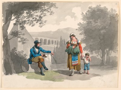 Rysunek przedstawiający kobietę trzymającą za rękę chłopca mijającą dżentelmena siedzącego wśród ruin w Campagna, 1807 r. autorstwa Bartolomeo Pinelli
