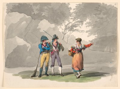 Rysunek, Kobieta i dwóch mężczyzn z bronią. Kostiumy Królestwa Neapolu, 1807-08 autorstwa Bartolomeo Pinelli