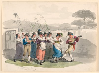 Rysunek "Saltarello Romano", Tańczący chłopi w okolicach Rzymu, 1807-08 autorstwa Bartolomeo Pinelli