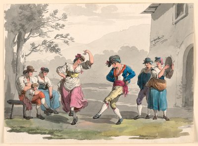 Rysunek "Saltarello Romano", Tańczący chłopi w okolicach Rzymu, 1807-08 autorstwa Bartolomeo Pinelli
