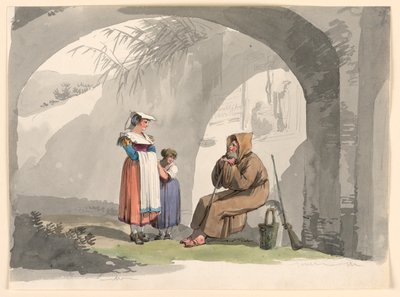 Rysunek, Dwie dziewczyny z Frascati odwiedzają pustelnika, 1807 r. autorstwa Bartolomeo Pinelli