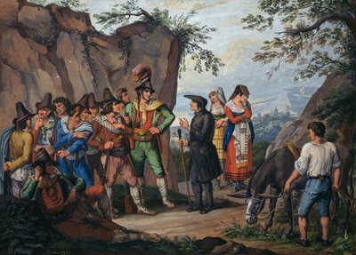 Negocjacje w sprawie poddania się rozbójnika Gasparone i arcykapłana Pellegrini autorstwa Bartolomeo Pinelli
