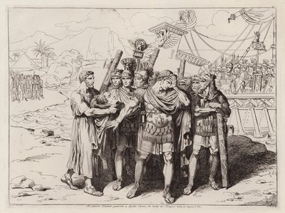 Teodot pokazujący głowę Pompejusza Juliuszowi Cezarowi, 48 p.n.e. (akwaforta) autorstwa Bartolomeo Pinelli