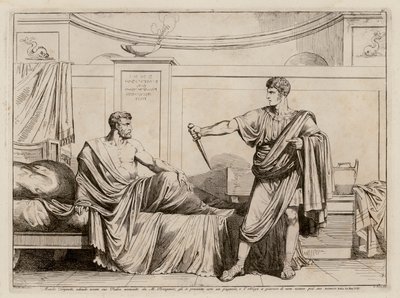 Tytus Manliusz Torquatus zmuszający Marka Pomponiusza do wycofania oskarżeń przeciwko jego ojcu (akwaforta) autorstwa Bartolomeo Pinelli