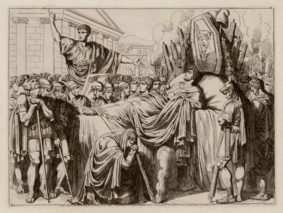 Waleriusz wygłaszający mowę pochwalną na pogrzebie Brutusa, 509 p.n.e. (akwaforta) autorstwa Bartolomeo Pinelli