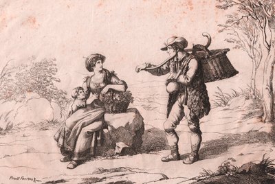 Kobieta z Pietra Terrazzana w tradycyjnych strojach, Abruzzo i gioncataro (sprzedawca sera caciotte), akwaforta Bartolomeo Pinelli (Rzym autorstwa Bartolomeo Pinelli