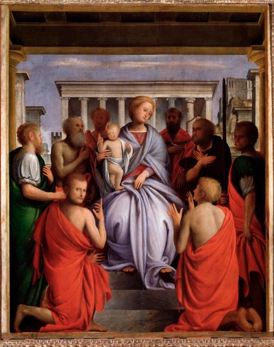 Madonna col Bambino e otto santi (Dziewica z Dzieciątkiem z Ośmioma Świętymi, Madonna z Dzieciątkiem z Ośmioma Świętymi) Obraz Bartolommeo Suardi powiedział, że Bramantino (1465-1530) 1515-1520 Dim 214x104 cm Florencja, Palazzo Pitti autorstwa Bartolomeo Suardi Bramantino