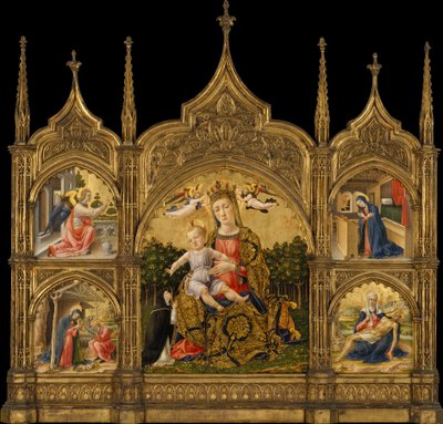 Madonna Pokory, Zwiastowanie, Narodzenia i Pieta, ok. 1465 (tempera i złoto na drewnie) autorstwa Bartolomeo Vivarini