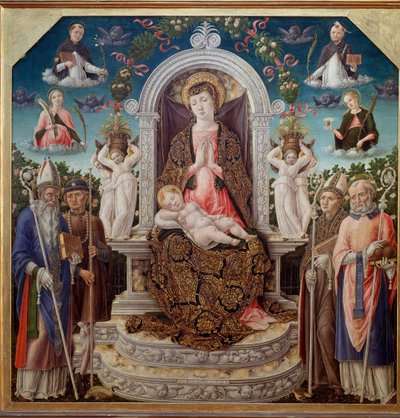 Dziewica z Dzieciątkiem na tronie w otoczeniu św. Augustyna, św. Rocha, św. Ludwika z Tuluzy (Anjou), św. Mikołaja z Myre, a w niebie św. Katarzyna, św. Dominika, św. Piotr Męczennik (Werona) i św. Maria Magdalena (Dziewica z Dzieciątkiem dowcip autorstwa Bartolomeo Vivarini