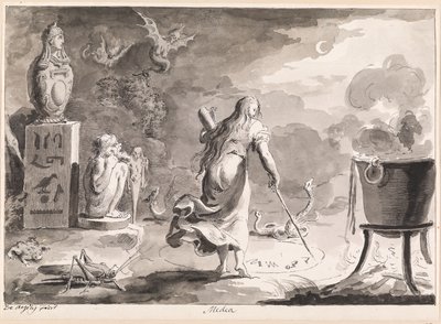 Medea. Kobieta odwrócona plecami, pomiędzy gadami, stworzeniami morskimi, kotłem wiedźmy i egipskimi posągami, pisze nocą czarodziejskie runy na ziemi. autorstwa Bartolomeo d