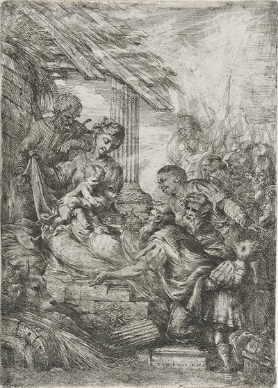 Adoracja Królów (Ofiara Mędrców), po 1657 (akwaforta na papierze wykładanym) autorstwa Bartolommeo Biscaino