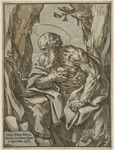Św. Hieronim, wg Guido Reni, 1637 (drzewo światłocieniowe z trzech bloków na papierze wykładanym) autorstwa Bartolommeo Coriolano