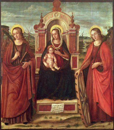 Madonna z Dzieciątkiem na tronie ze św. Katarzyną Aleksandryjską i Świętą Męczennicą (panel) autorstwa Bartolommeo de Gentile de Urbino