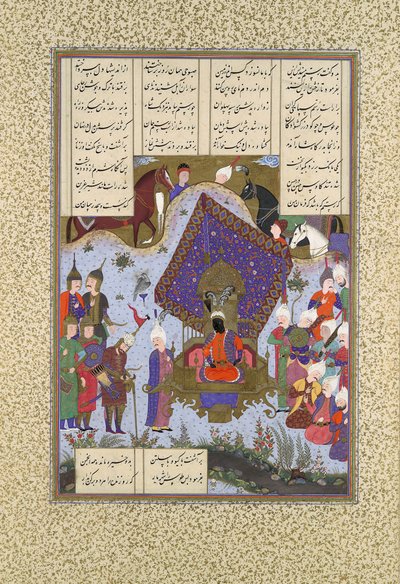 Rustam Ból przed Kai Kavusem, Folio 146r z Księgi Królów Szahnamy..., ca. 1525-30. autorstwa Bashdan Qara