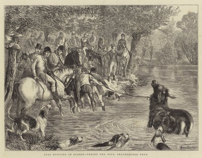 Polowanie na jelenie w Surrey, łapanie jelenia, staw Shackleford autorstwa Basil Bradley