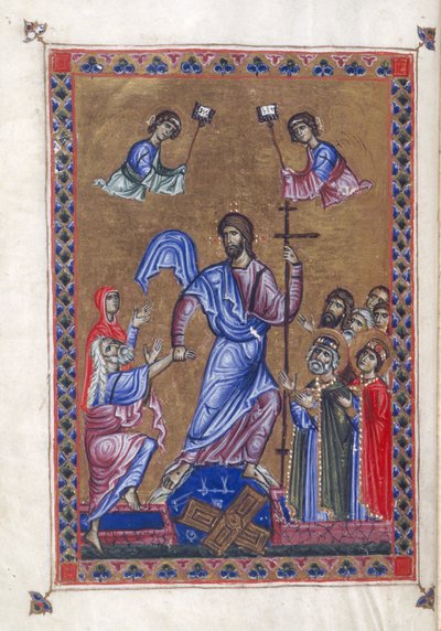 Egerton 1139, f.9v Harrowing of Hell, ilustracja z „Psałterza królowej Melisendy”, Jerozolima ok. 1131-40 (atrament, kolor i złoto na welinie) autorstwa Basilius Basilius