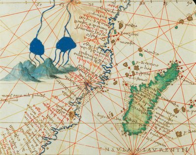 Ocean Indyjski oraz część Azji i Afryki: źródło Nilu i Madagaskar, z Atlasu Świata w trzydziestu trzech mapach, autorstwa Battisty Agnese autorstwa Battista Agnese