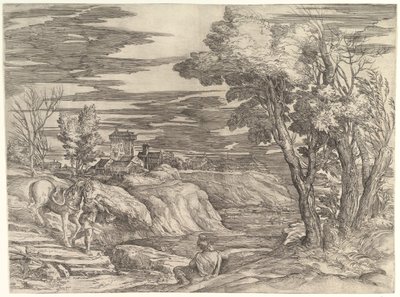Pejzaż z jeźdźcem i jego oblubieńcem, ca. 1552-61. autorstwa Battista Franco Veneziano