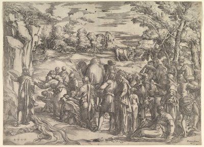 Mojżesz czerpiący wodę ze skały, po lewej płynąca woda, różne postacie i ..., ca. 1552-61. autorstwa Battista Franco Veneziano