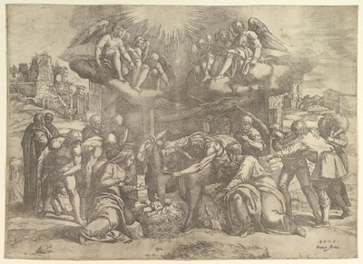 Adoracja pasterzy z aniołami nad głową, ok. godz. 1530-61. autorstwa Battista Franco Veneziano