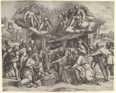 Adoracja pasterzy z aniołami nad głową, ok. godz. 1530-61. autorstwa Battista Franco Veneziano
