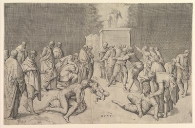 Filistyni umieszczają Arkę Przymierza w Świątyni Dagona, ok. godz. 1540. autorstwa Battista Franco Veneziano