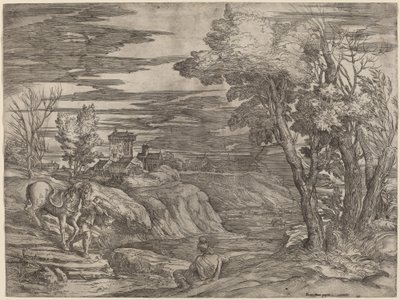 Krajobraz z mężczyzną prowadzącym konia autorstwa Battista Franco after Titian