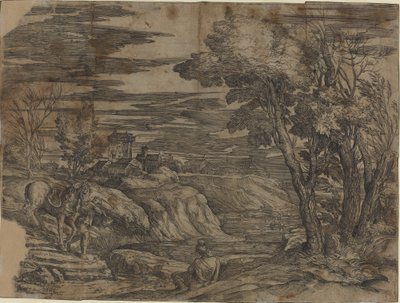 Krajobraz z mężczyzną prowadzącym konia autorstwa Battista Franco, after Titian