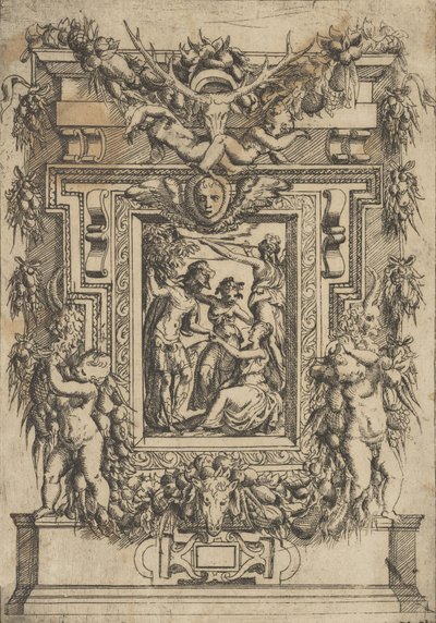 Młody mężczyzna podaje rękę siedzącej kobiecie, inna kobieta stoi między nimi i…, ok. godz. 1540-80. autorstwa Battista del Moro
