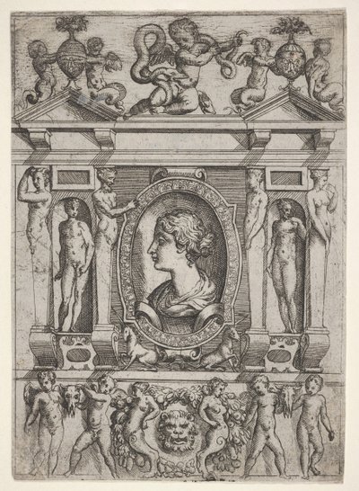 Popiersie kobiety z profilu zwróconego w lewo, ujęte w misterną ramę z postaciami w n..., ca. 1540-80. autorstwa Battista del Moro