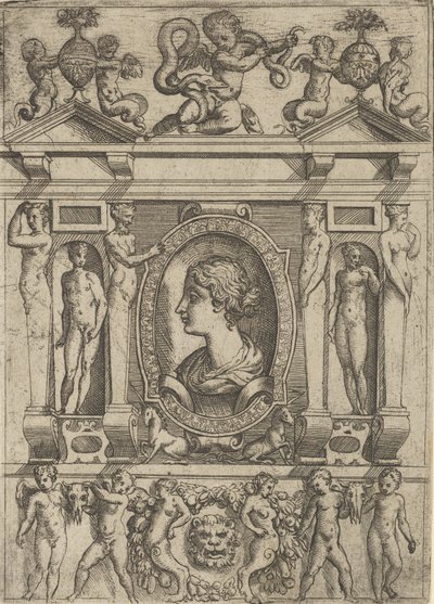 Popiersie kobiety z profilu zwróconego w lewo, ujęte w misterną ramę z postaciami w n..., ca. 1540-80. autorstwa Battista del Moro