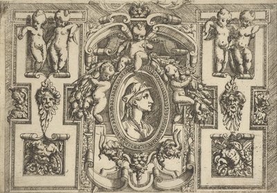 Popiersie kobiety z profilu w prawo, oprawione w misterną ramę z puttami, ..., ca. 1540-80. autorstwa Battista del Moro