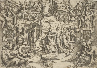 Cztery kobiety otaczające siedzącą postać, nad nimi ptak, osadzone w kunsztownym ..., ca. 1540-80. autorstwa Battista del Moro
