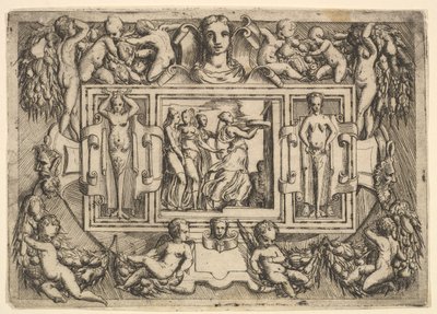 Sybilla Kumejska idąca w prawo i niosąca tacę, za nią trzy kobiety..., ca. 1540-80. autorstwa Battista del Moro