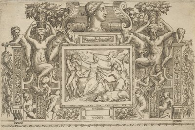 Kobieta siedząca z wyciągniętymi ramionami, personifikacja Sławy z trąbką po prawej stronie,..., ca. 1540-80. autorstwa Battista del Moro