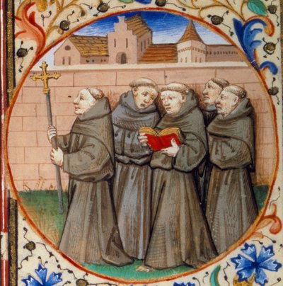 Scena życia monastycznego. Szczegół przedstawiający mnichów z zakonu franciszkanów. Miniatura zaczerpnięta z „Księgi godzin według zwyczajów paryskich”” ujęta przez warsztat mistrza Bedforda. 1450. Paryż, B.N. autorstwa Bedford Master Workshop