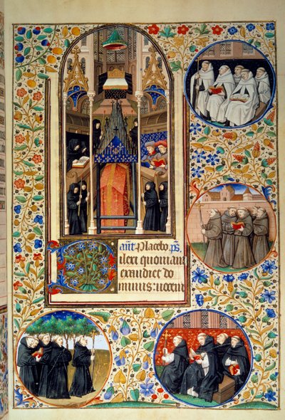 Scena życia monastycznego. W medalionach, od góry do dołu, karmowie, franciszkanie, dominikanie, augustyni (po lewej). Miniatura zaczerpnięta z „Księgi godzin według zwyczajów paryskich”” ujęta przez warsztat mistrza Bedforda. 1450. Paryż, B.N. autorstwa Bedford Master Workshop