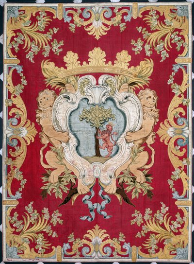 Blazon szlachecki z lwem i drzewem. Gobelin z manufaktury w Brukseli. XVI wiek Genes, Musei di Strada Nuova autorstwa Belgian School