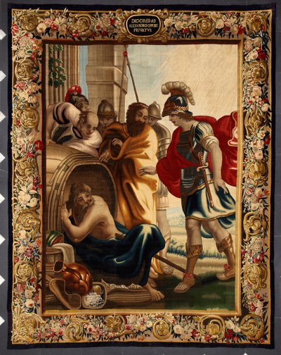 Diogene i Aleksander: spotkanie greckiego filozofa Diogene de Sinope (413-327 p.n.e.) w jego beczce z królem Aleksandrem Wielkim (356-323 p.n.e.) w Koryncie. Kiedy zdobywca zapytał go, czego chce, Diogene odpowiedział: "Zdejmij trochę z mojego słońca". Kra autorstwa Belgian School