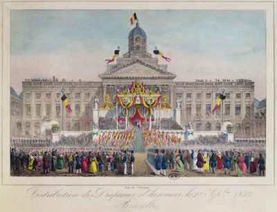 Rozdanie flag honorowych w Brukseli 27 września 1832, 1832 (kolor grawerowany) autorstwa Belgian School