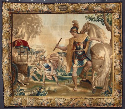 Król Aleksander Wielki (356-323 p.n.e.) przed podróżą do Indii spalił cały niepotrzebny bagaż. Gobelin wykonany w manufakturach Brukseli. XVI-wieczne geny, Musei di Strada Nuova autorstwa Belgian School